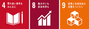 SDGsアイコン4番（質の高い教育をみんなに）8番（働きがいも経済成長も）9番（産業と技術革新の基盤をつくろう）